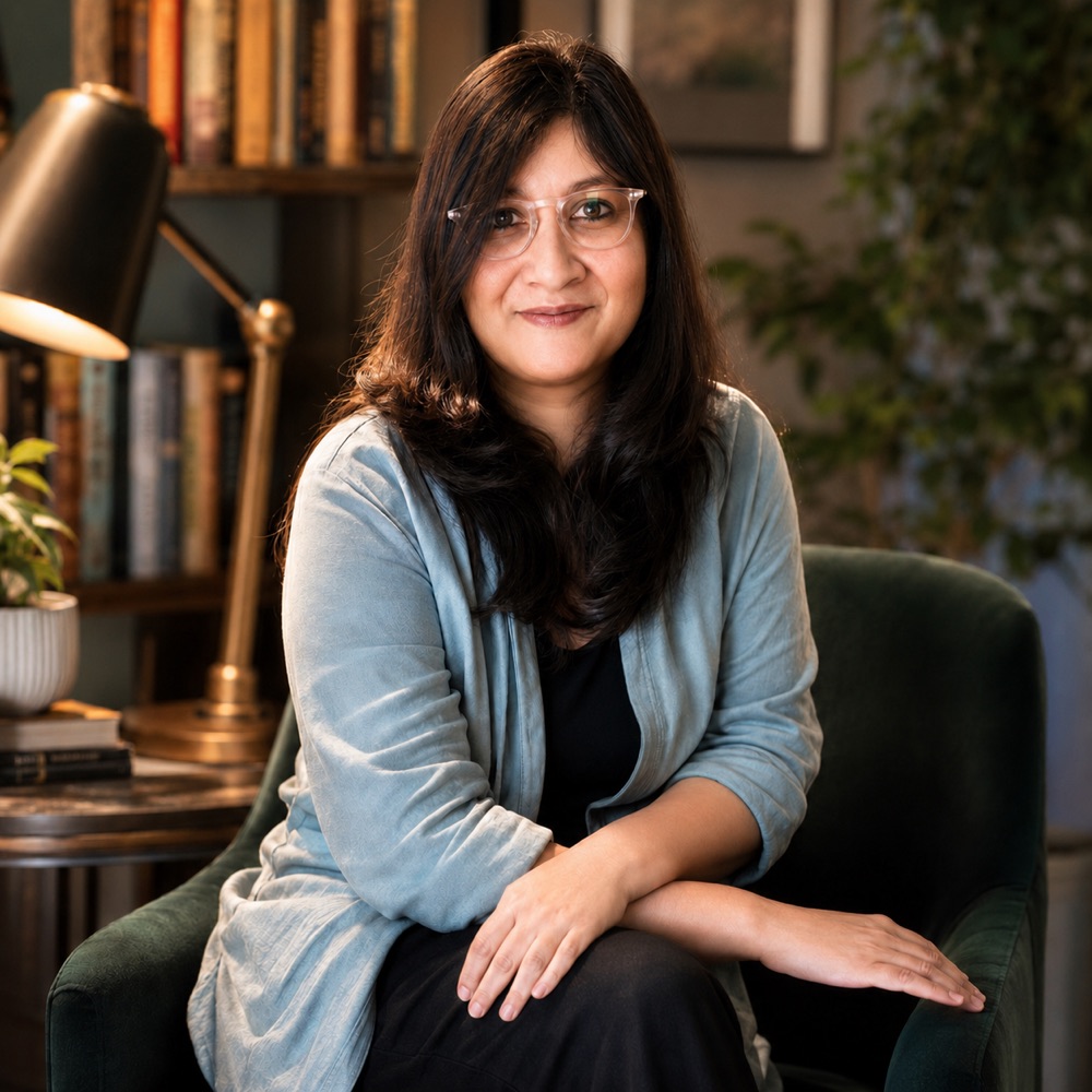 Portrait of Aarohi Roy seated in a warm library setting