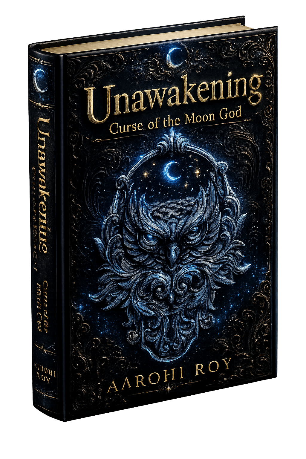 Three-dimensional cover artwork for Unawakening: Curse of the Moon God by Aarohi Roy