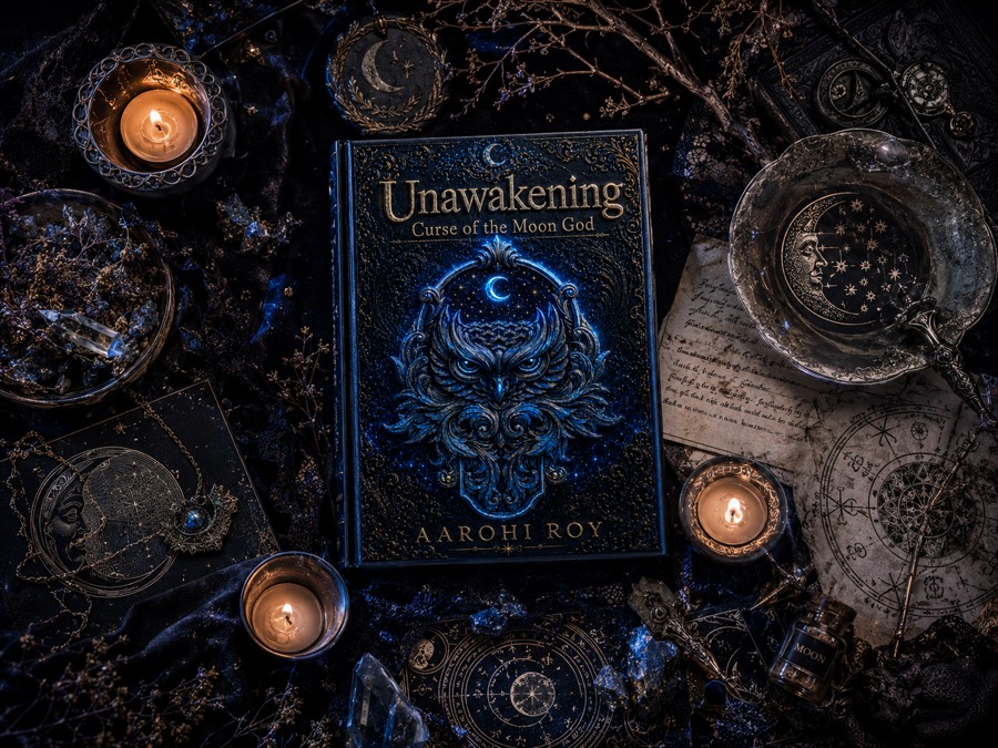 Unawakening book with candles, crystals, and gothic moonlit props