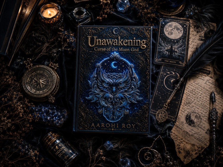 Unawakening book in a dark magical arrangement with candles and celestial papers