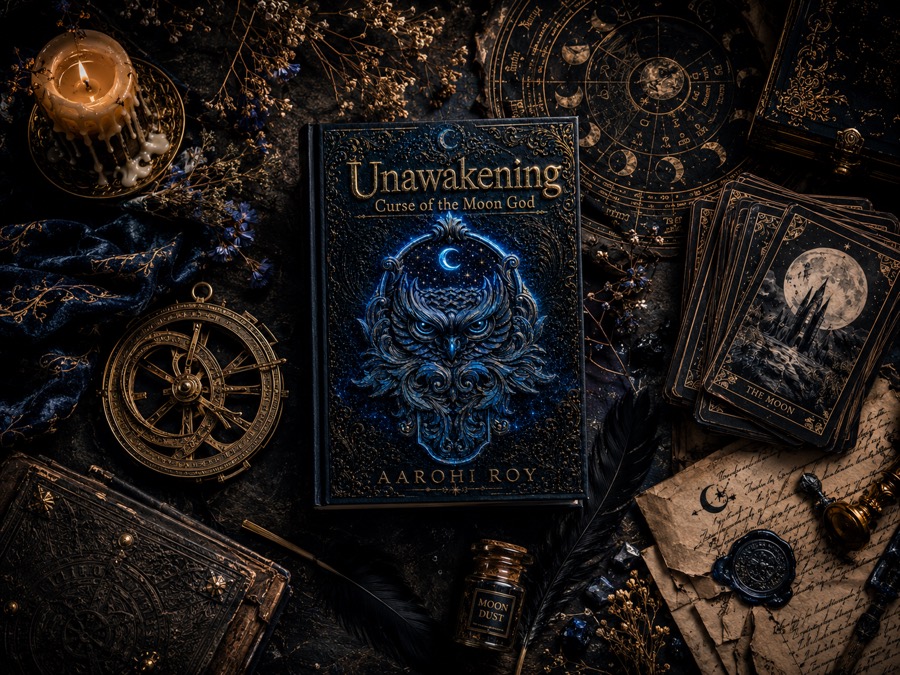 Unawakening book with keys, feathers, candles, and moonlit fantasy styling
